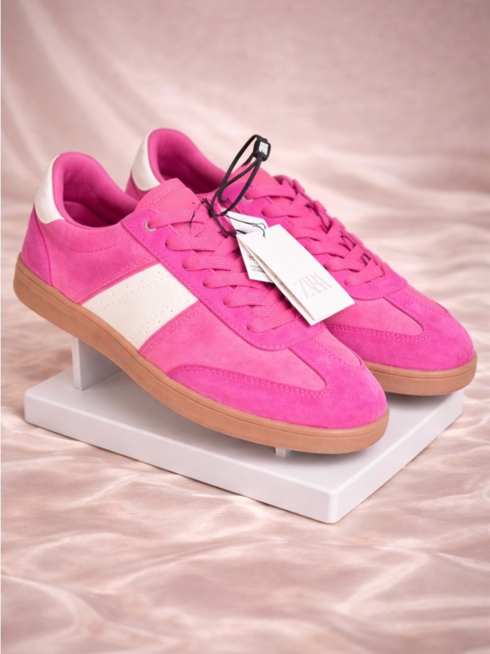 NWT - Zara Pink Suede Lace-Up Sneakers with White Stripes